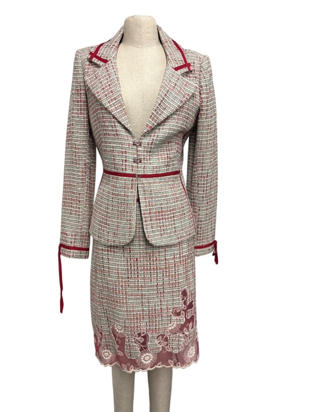 Vintage Y2K Tom K Nguyen Silk Tweed Skirt Suit Crimson Ribbon Trim Lace Hem Made